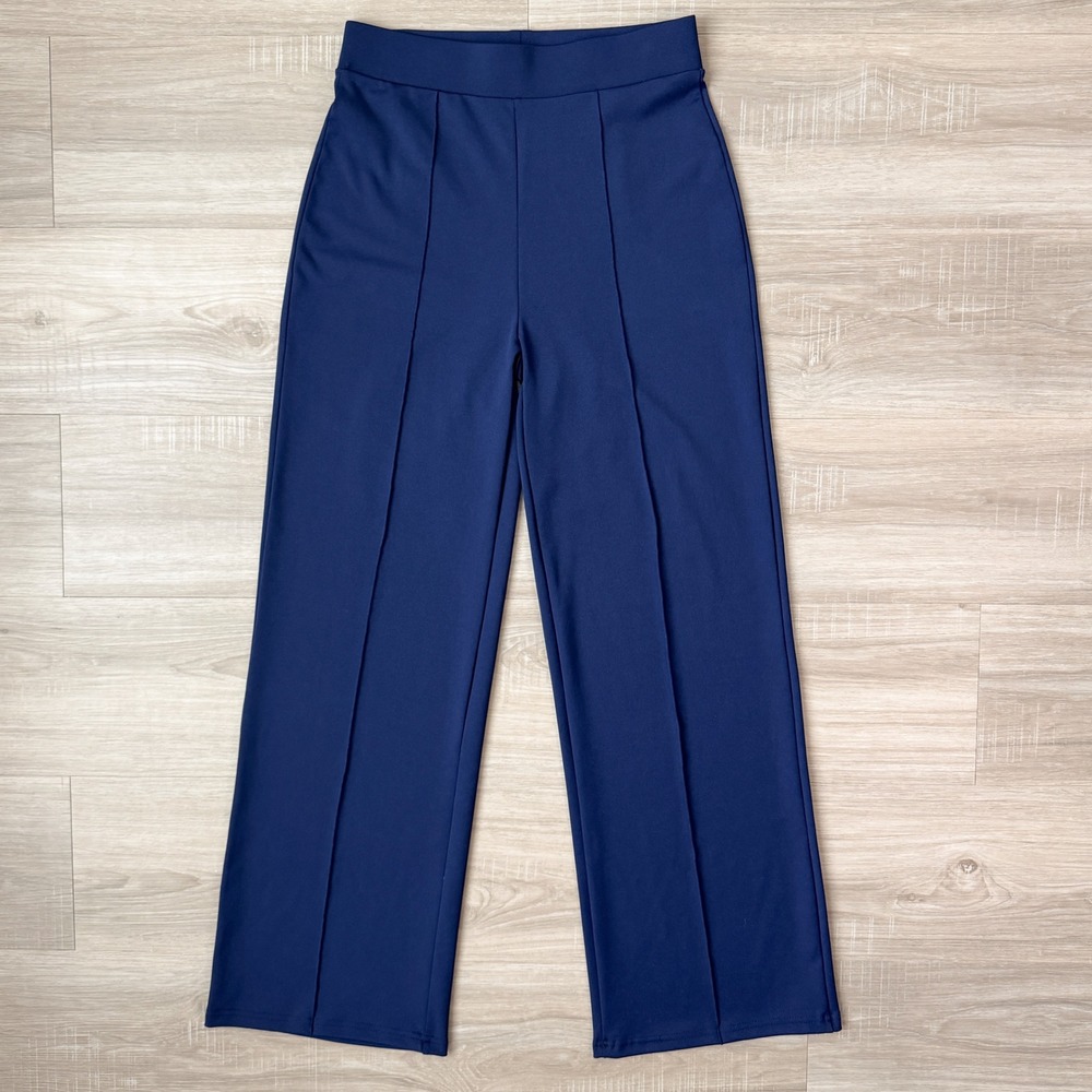 Navy Wide Leg Trousers High Rise Stretch Pants Minimalist Workwear Size M - Picture 5 of 6